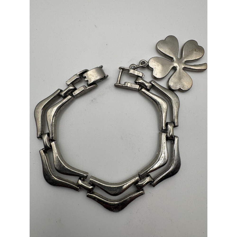 Vintage Charm Bracelet Silver Tone Chevron Panel Link Lucky Four Leaf Clover 50s